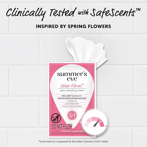 Image of Summer's Eve Sheer Floral Feminine Wipes, Gentle pH-Balanced Formula Helps Control Vaginal Odor, Individually Wrapped Wipes, 12 Count