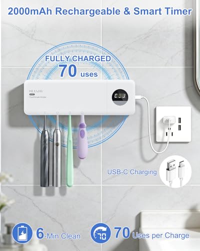 Image of UV Toothbrush Holder, Electric Toothbrush Holder Wall Mounted for 4 Slots, Smart Toothbrush Holder with Timer and Cover, Cordless Organizer for Bathroom, Toothbrush & Razor -White
