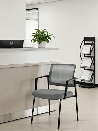 Simple Deluxe Guest Waiting Room Office Arm Chairs, Mesh Back & Ergonomic Support, Stacking Padded Fabric Seat, No Wheel for Reception Meeting Conference Rest, Grey