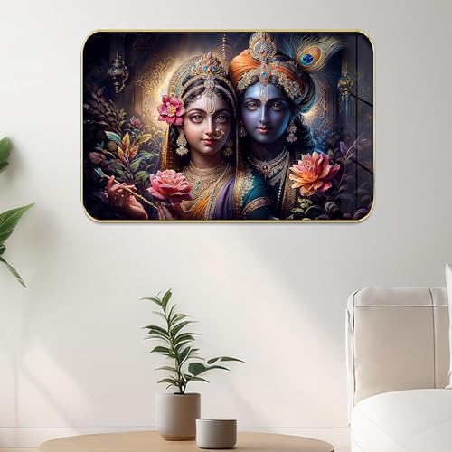 Image of Masstone Radha Krishna Crystal Embedded High Gloss Wall Painting, Golden Slim Frame, 45x30 Cm Wall Art for Living Room, Bedroom, Office & Home Decor (HG06)