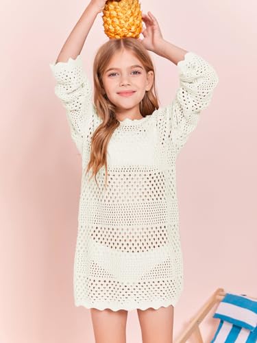 Image of Batermoon Girls Crochet Long Sleeve Swimsuit Cover Up Kids Fashion Hollow Out Swimwear Beach Dress 5-14 Years