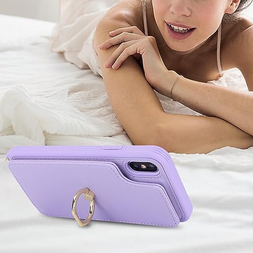 Image of for iPhone X /XS Case with Card Holder and Strap for Women,Crossbody Lanyard,Kickstand Ring Stand,Snap Clasp,Phone Wallet Cases 5.8 inch(Purple)