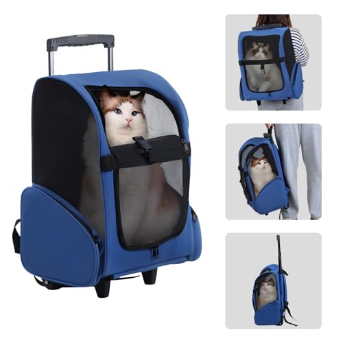 Sac à Dos à roulettes pour Chiens/Chats Supporte 15 kg, Sac à Dos de Transport pour Chien/Chat avec poignée télescopique, Trolley pour Petit et Moyen...
