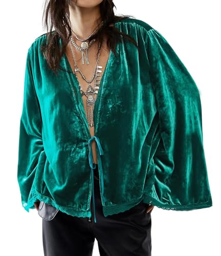 Women's Fall Velvet Casual Jackets Bell Long Sleeve Tie Front Lace Trim Loose Vintage Kimono Cardigan Short Coat