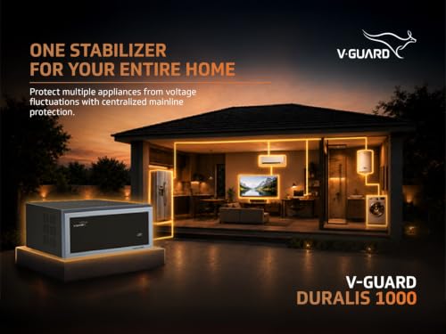 Image of V-Guard Duralis 1000 Mainline Stabilizer for Home | Digital Display | Thermal Overload Protection | Wide Input Voltage Range (Working Range 90 VAC-300 VAC) | 1 Year Warranty by V-Guard | Black
