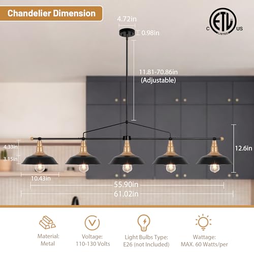 Image of Modern Linear Chandelier 5-Light Black and Gold Chandelier Dia 61''