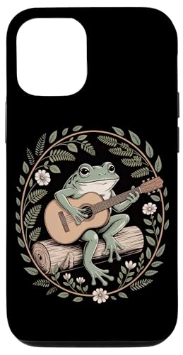 田園ノスタルジア コテージコア カエル フォークギター 木の丸太 野花と葉飾り 自然の静けさ スマホケース iPhone 12/12 Pro 用