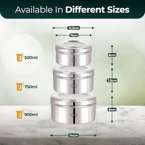 Image of MARU Stainless Steel Dabba Set for Kitchen with Transparent Lids Set of 3 (500ml, 750ml, 950ml), Stackable See-Through Containers for Everyday Use, Ideal for Storing Food, Snacks, Chapati & More