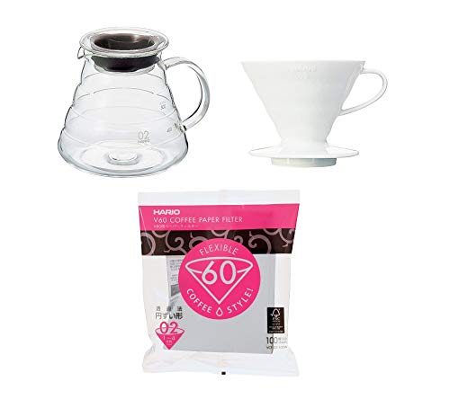 Hario Kaffee Set Kaffekanne mit passendem Kaffefilter und Filterpapier Größe 2 XGS-60TB + VDC-02W + VCF-02-100W