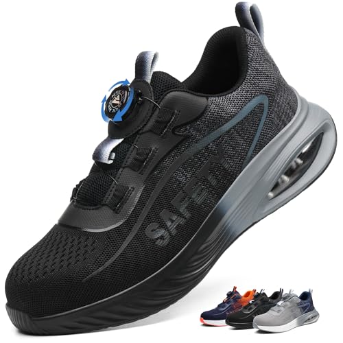 Zapatos de Seguridad para Hombre Zapatillas Trabajo Mujer Comodas Transpirable Ligero Calzado de Seguridad con Punteras de Acero Antideslizantes Negro 44 EU