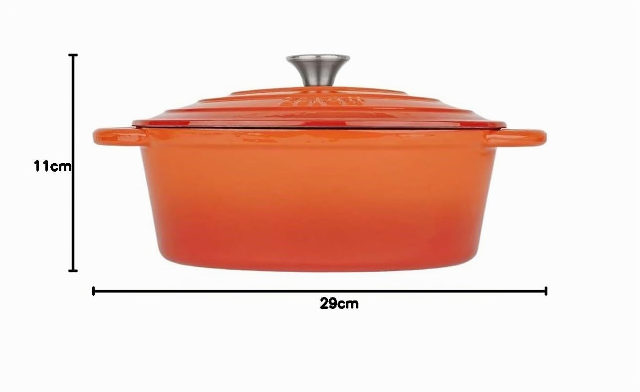 Cocotte in Ghisa Smaltata Arancione. Forno Olandese Pentola Ovale Antiaderente 29x21x11 CM - 3,85 L. Casseruola Pentola in Ferro per Induzione, Vetroceramica e Forno