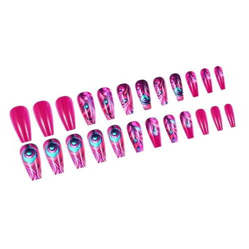 Uñas largas cuadradas a presión, diseños de plumas de color rosa intenso, cubiertas completas, uñas postizas largas tipo ataúd, 24 piezas para mujer, arte de uñas