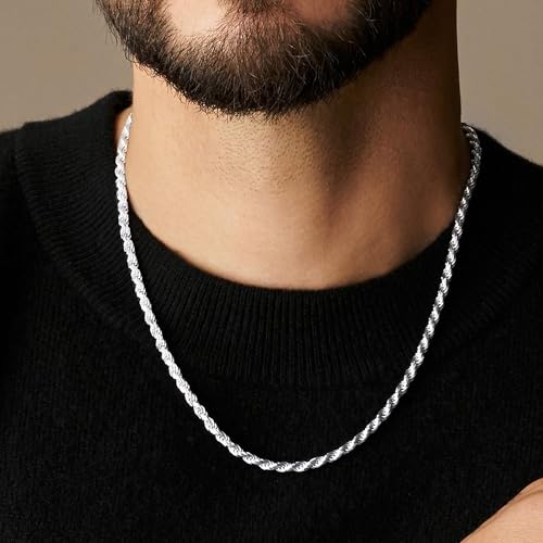 RANKEEF 2/3/4mm Rope Chain Necklace for Men - Silver Necklace18/20/22 Inches Chain for Waterproof Sturdy & Shiny Twist Rope Necklace Gifts for Men & Women Husband Boyfriend2