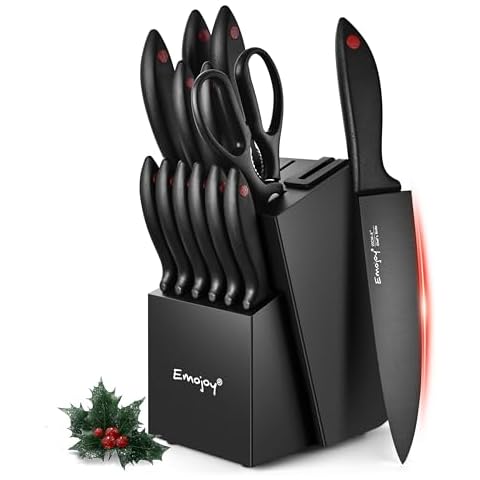 Emojoy 15Pcs Kitchen Knife Set with Block and Built-in Sharpener, Stainless Steel Knife Block Set, Dishwasher Safe, Black Cover