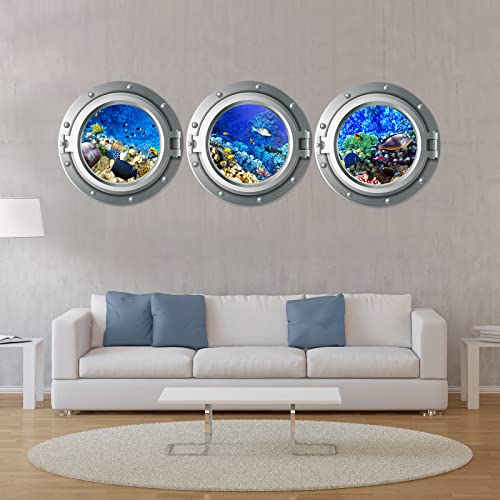 Porthole Decoration Wall Sticker 3D Undersea Tropical Fish Corals Decorative Wall Decals Removable Vinyl Peel And Stick Fake Window Art Sticker For Children Kids Room Nursery #TOP1
