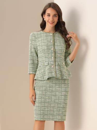Allegra K Women's 2 Piece Tweed Skirt Set Suit 3/4 Sleeve Jacket Pencil Skirt Elegant Business Suits for Women Medium Green - Thumbnail 2