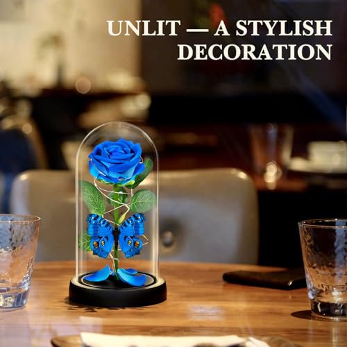 HAOCEE Geburtstagsgeschenke für Frauen, Ewige Rose im Glas mit LED＆Schmetterlingen,Glaskuppel Klassisches Blau Rosen,Geburtstag Muttertagsgeschenk, Mama, Frau,Freundin,Oma,Sie（Blau Rose Schmetterling）