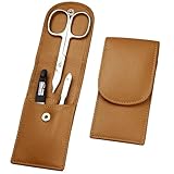 Sonnenschein by Hans Kniebes - Maniküre Set 3 teilig - Nagelschere, Nagelfeile und Pinzette - Taschenmaniküre Nagelpflegeset - Nappa-Lammleder Manicure Etui (Sandbeige)