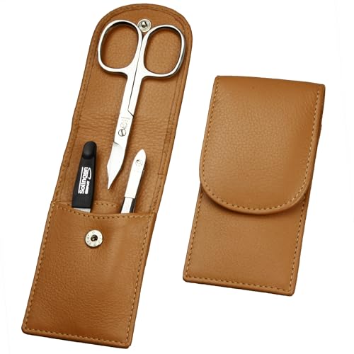 Sonnenschein by Hans Kniebes - Juego de manicura de 3 piezas - Tijeras de uñas, lima de uñas y pinzas - Kit de cuidado de uñas de bolsillo - Estuche de manicura de piel de cordero de napa (beige arena