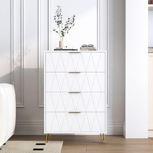 KEFSR Cómoda blanca de 4 cajones para dormitorio, cómoda moderna con panel acanalado en forma de onda, organizador de almacenamiento de madera para guardería, sala de estar, pasillo (blanco, 4 cajones