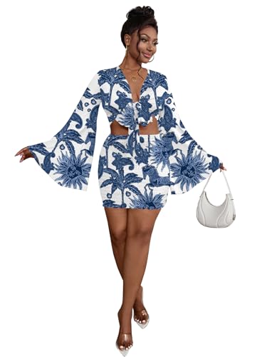 Image of LYANER Women 2 Piece Vacation Outfits Tie Knot Front Bell Long Sleeve Crop Top and Mini Skirt Summer Set