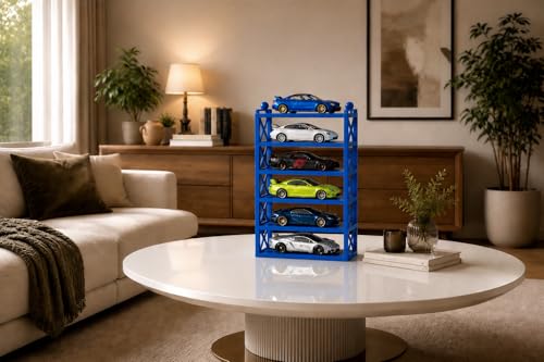 Image of 6-Car Display Rack - Premium Matte Black Tabletop Organizer with Tire Slots & Side Guards for 1:64 Scale Diecast Cars (Hot Wheels, Matchbox, Tomica,)(NO CAR INCLUDED) (Blue)