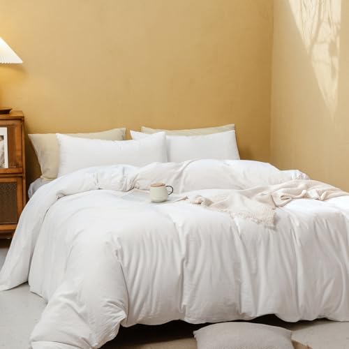 FOSSA White Duvet Cover Set, 100% Washed Cotton Linen Feel Super Soft Breathable Cozy 3 Pieces Bedding Sets Solid Off White Queen