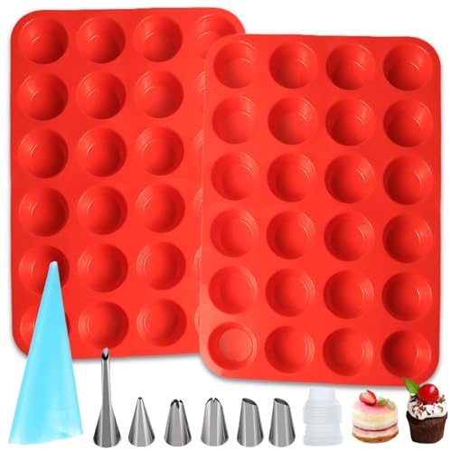 UZSUZZ 2 Pièces Moule Silicone Pâtisserie, 24 Cavités pour Cupcakes et Muffins, Moule Réutilisable en Silicone, BPA Free, Plaque Anti-Adhésive, Idéal pour Tartelettes, Brownies et Puddings (Rouge)