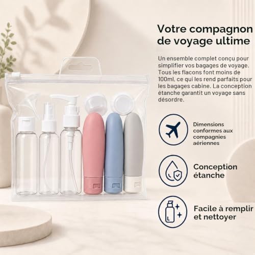 Carehabi Lot de flacons de voyage à remplir, petites boîtes de crème, vaporisateur transparent, distributeur de shampoing, accessoires de voyage pour cosmétiques – vue 4