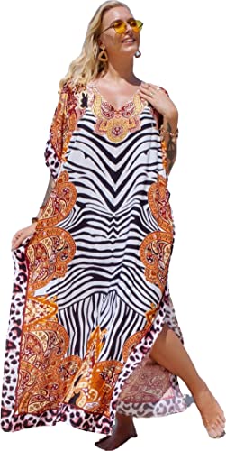 Venasha Swimsuit Cover up Women's Vneck Caftan Short Sleeve Floral Print Kaftan Dresses (D-print1,US,Alpha,X-Large,Regular,Regular)