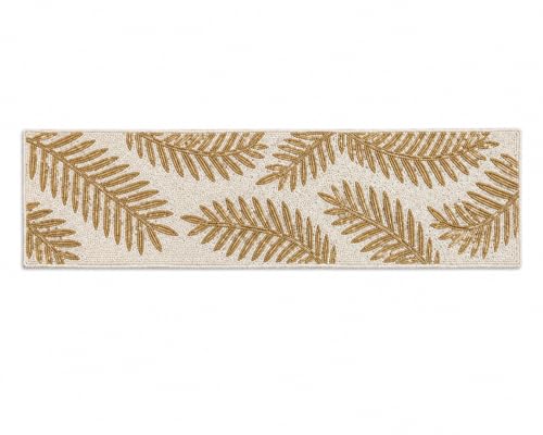 Image of Handmade Beaded Table Runner with Gold Leaf Design on White Beads, 13x36 Inches - Exquisite Dining Table Decoration, Elegant Home Decor for Thanksgiving & Special Celebrations