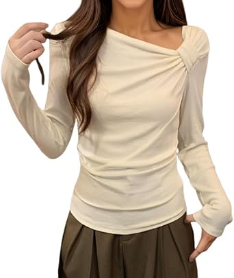 Women Long Sleeve Tops Summer Boat Neck Asymmetrical Twisted Slim Fit Ruched Long Sleeve Shirts