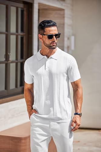 COOFANDY Mens Knit Polo Shirts Short Sleeve Button Down Shirt Cuban Guayabera Textured Summer Beach Shirts3