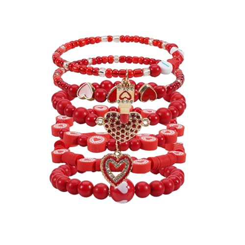 Bookay Valentines Day Bracelets for Women – Red & Gold Heart Beaded Stretch Bracelet, Stackable Boho Style with Engraved Pride Love Charms jewelry,Holiday Gift Sets