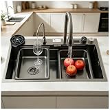 Grande Lavabo Cucina 68x45cm Nero, Lavello Cucina 1 Vasca in Acciaio Inox, Lavello Multifunzione Cucina, con Rubinetto Estraibile, Sifone, Lavello Interno di Ricambio e Tagliere