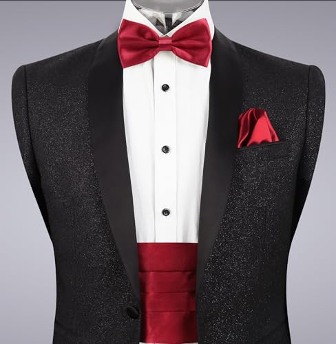 Image of Alizeal Mens Multicolored Silk Solid Cummerbund Bow Tie Set | with Cummerbund Pocket Square Pre-tied Adjustable for Mens Gift