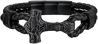 FaithHeart Leather Bracelet for Men Viking Jewellery Stainless Steel Thors Hammer Mjolnir Braided Wax Rope Bracelets Norse Gifts for Boys Engravable