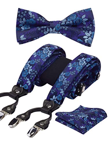 Image of GUSLESON Adjustable Plaid Floral 6 Clips Y Shape Suspenders Pre-tied Bow Tie and Pocket Square Set with Gift Box