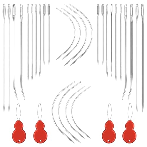 Bewudy Heavy Duty Hand Sewing Needles Set, 24Pcs Sewing Leather Needle Set with 4Pcs Needle Threaders, Curved Needle Triangular Needle Assorted Needles for Upholstery, Leather, Carpet Canvas Repair