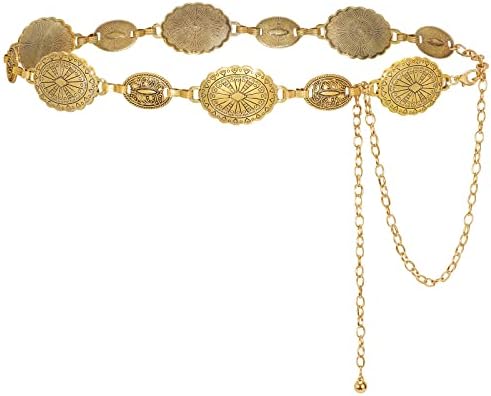 LEACOOLKEY Women Gold Western Concho Chain Belt Boho Metal Western Cowgirl Chain Belt for Dress Adjustable