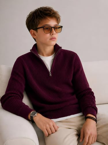 Buy Clothify Boys Quarter Zip Sweater, Ribbed Knit Mock Neck, DK Wine - Image 6