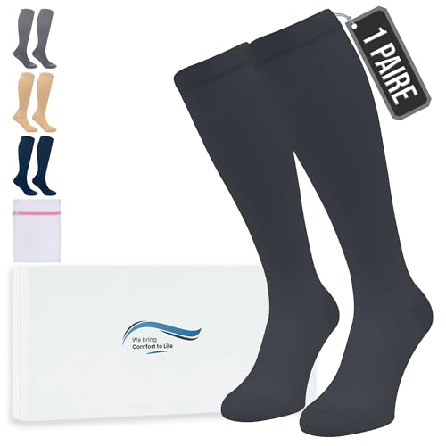 360 Relief Bas de Contention - 1 Paire Couleur Unie Chaussettes de Compression Femme et Homme - Idéales pour Vols, Voyages et Sports - L/XL Noir avec sac de lavage en maille
