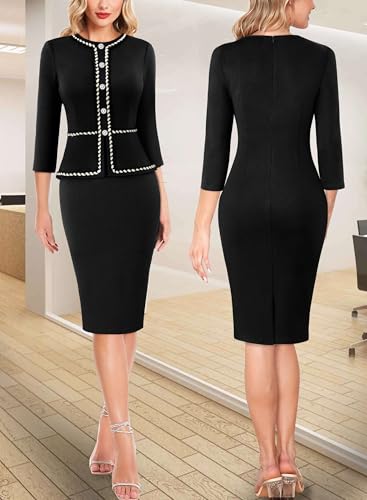 VFSHOW Womens 2024 Fall Winter Office Business Work Church Dresses Tweed Peplum Slimming Bodycon Pencil Sheath Dress2