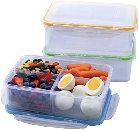 Set of 3 - Bento Lunch Containers (4 Removable Compartments) - Snap Shut & Lock Closed, Leak Proof Food Containers. Multi-Colored. Perfect for Work, Travel and Anytime You're on the Go.