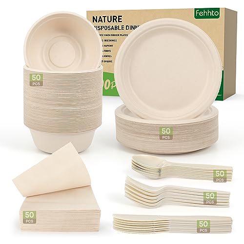 Disposable 300PCS Compostable Paper Plates and Utensils