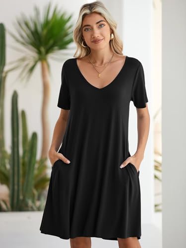 Image of BELAROI Women Casual Summer Dresses Loose Tshirt Beach Sundress V Neck Plus Size Swing Tunic Pockets