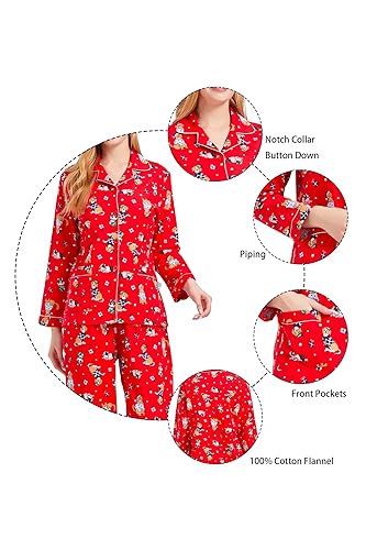 Image of GLOBAL Women's Flannel Pajamas Set 100% Cotton PJs for Women Long Sleeve Button Drawstring Waist Warm Loungewear Sleepwear
