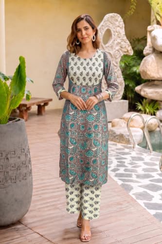 Image of MIRCHI FASHION Women's Straight Fit Pure Cotton Embellished Floral Printed Kurta Set with Dupatta and Trouser