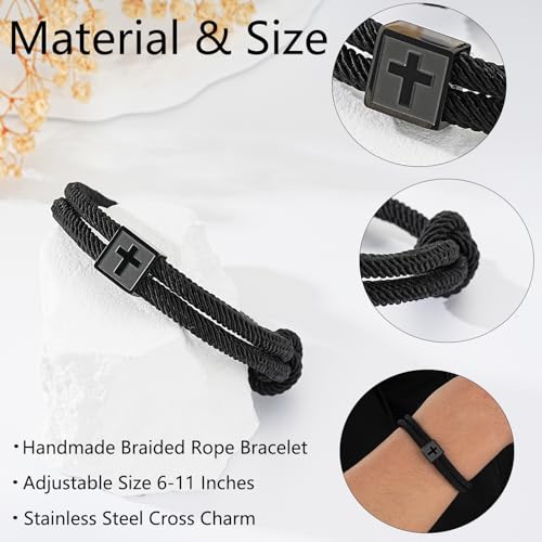 Image of Cross Bracelet for Boys Men- Adjustable Rope Bracelet Christian Religious Jewelry Gifts Ideas for Teen Boys Kids