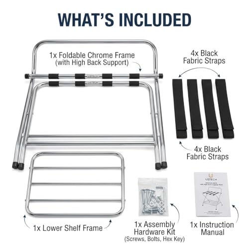 USTECH Double Rack with High Back Luggage Rack for Guest Room – Foldable Suitcase Stand with Straps – Heavy Duty Luggage Stand for Bedroom, Hotel, or Closet Storage (pack of 1) by USTECH - Image 2